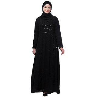 Beads and Sequence Hand embroidered Party wear abaya- Black